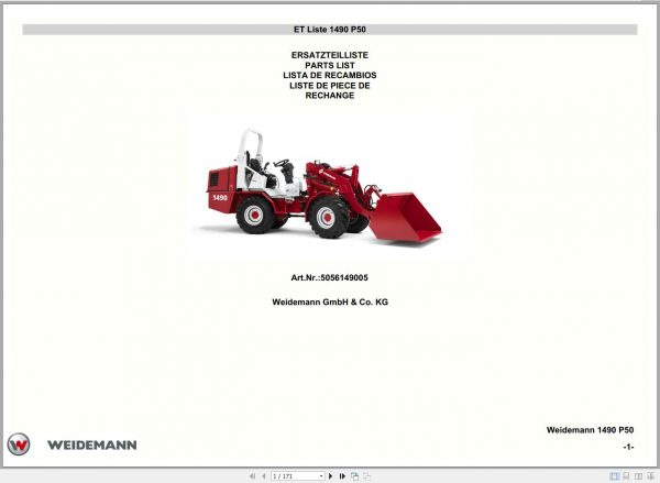 Wacker Neuson Weidemann Wheel Loaders 1490 P50 Parts Manual 5056149005 EN DE ES FR 1