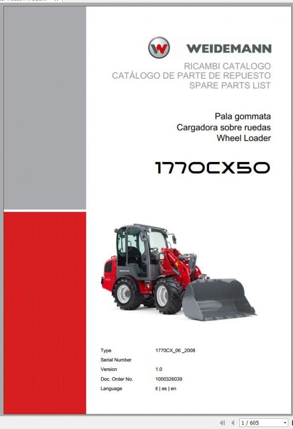 Wacker Neuson Weidemann Wheel Loaders 1770 CX50 Repair Manual Parts Manual EN IT ES 1