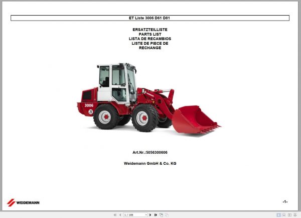 Wacker Neuson Weidemann Wheel Loaders 3006 D61 D81 Parts Manual 5056300606 EN ES DE FR 1