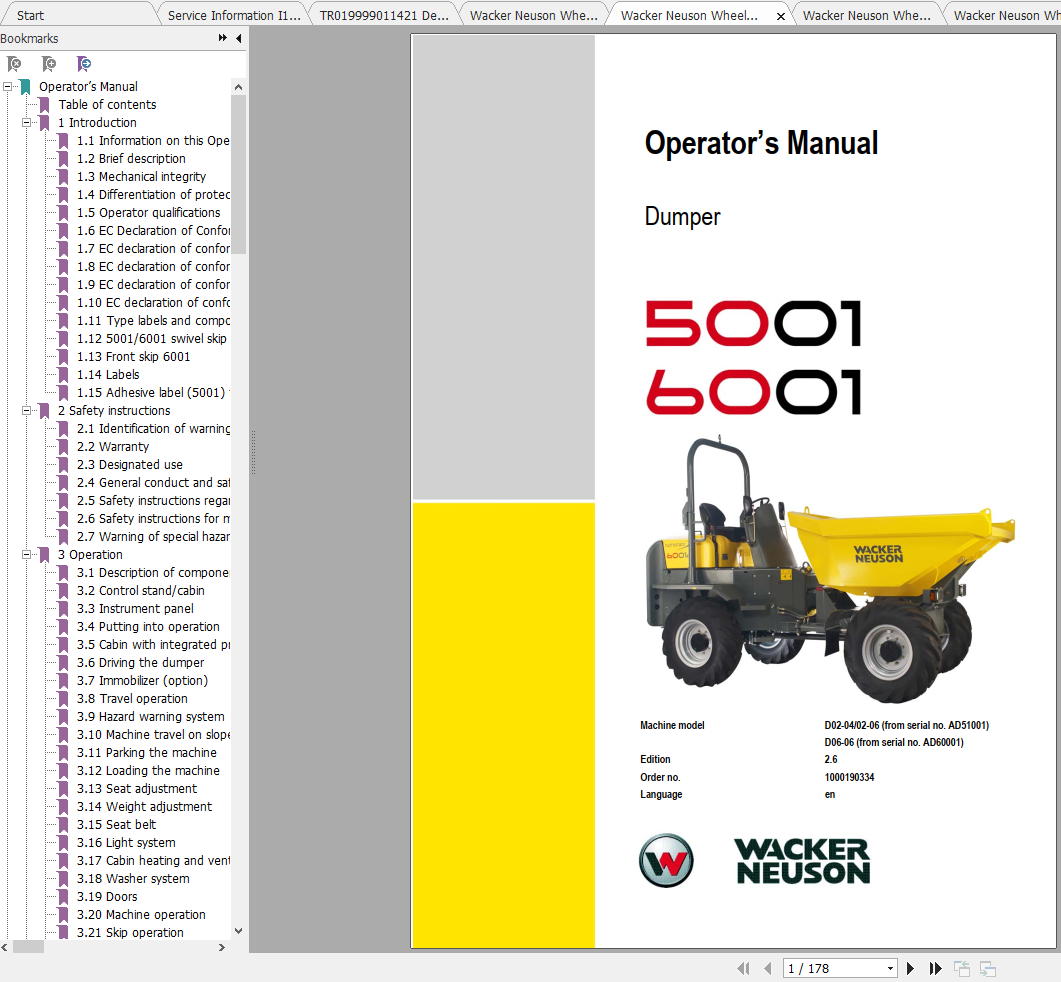 Wacker Neuson Wheel Dumper 6001 Operator Service Manual Spare Parts Catalog 1