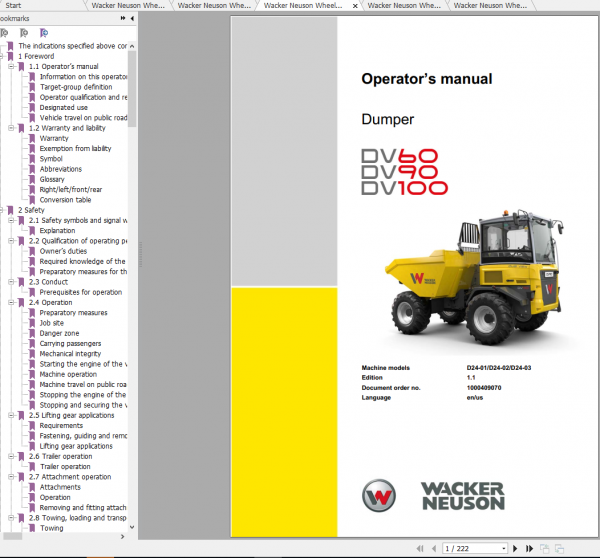 Wacker Neuson Wheel Dumper DV60 Operator Service Manual Spare Parts Catalog 1