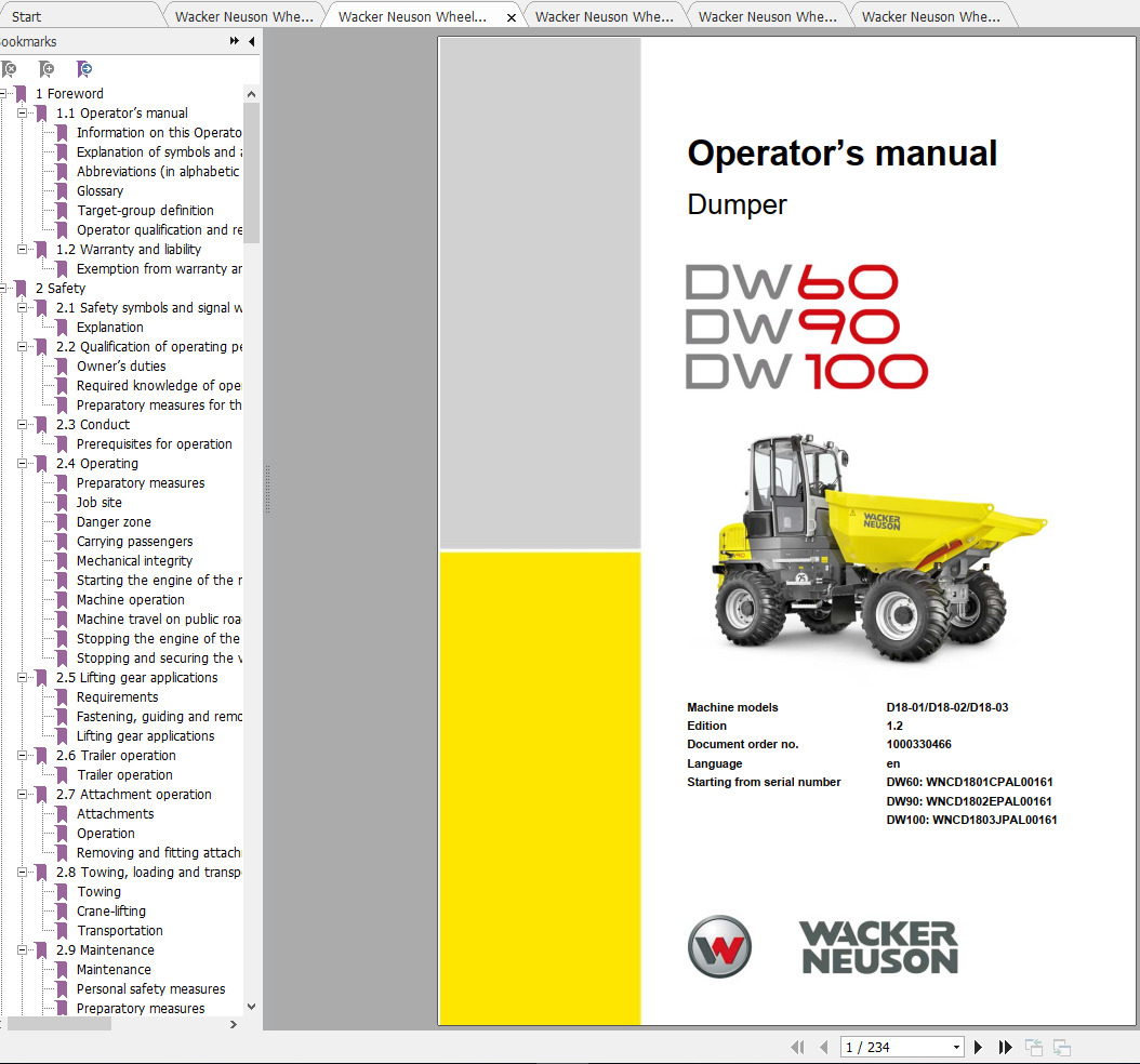Wacker Neuson Wheel Dumper DW60 Operator, Service Manual & Spare Parts