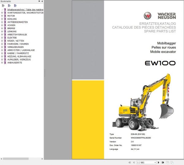 Wacker Neuson Wheel Excavators EW100 Operator Service Manual Spare Parts Catalog 3