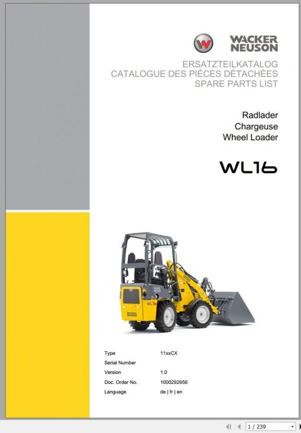 Wacker Neuson Wheel Loaders WL16 Joystick Parts Operating Manual Parts Manual 1000290063 EN FR DE 1