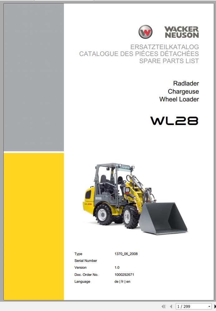 Wacker Neuson Wheel Loaders WL28 Operators Service Parts Manual 1000290062 EN FR DE 1