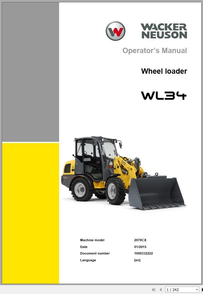 Wacker Neuson Wheel Loaders WL34 Operators Service Parts Manual 1000290061 EN ES IT DE FR 1
