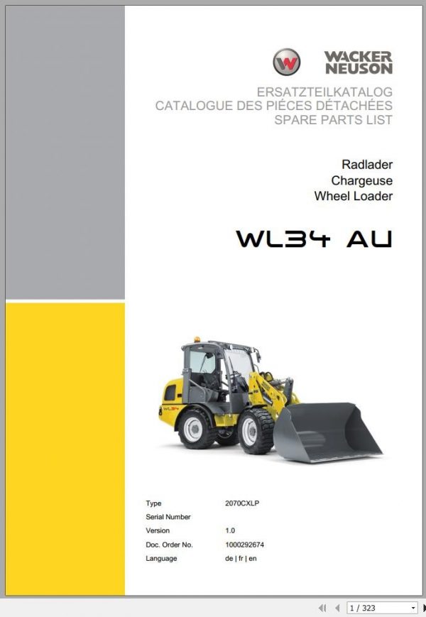 Wacker Neuson Wheel Loaders WL34 Operators Service Parts Manual 1000290061 EN ES IT DE FR 2