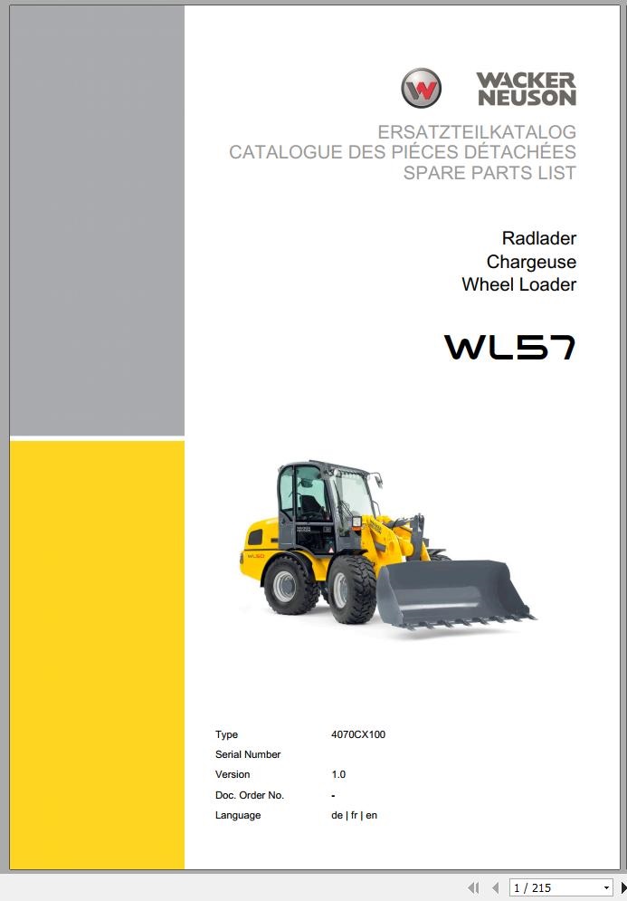Wacker Neuson Wheel Loaders WL57 Operators Service Parts Manual 1000234535 EN FR DE 2