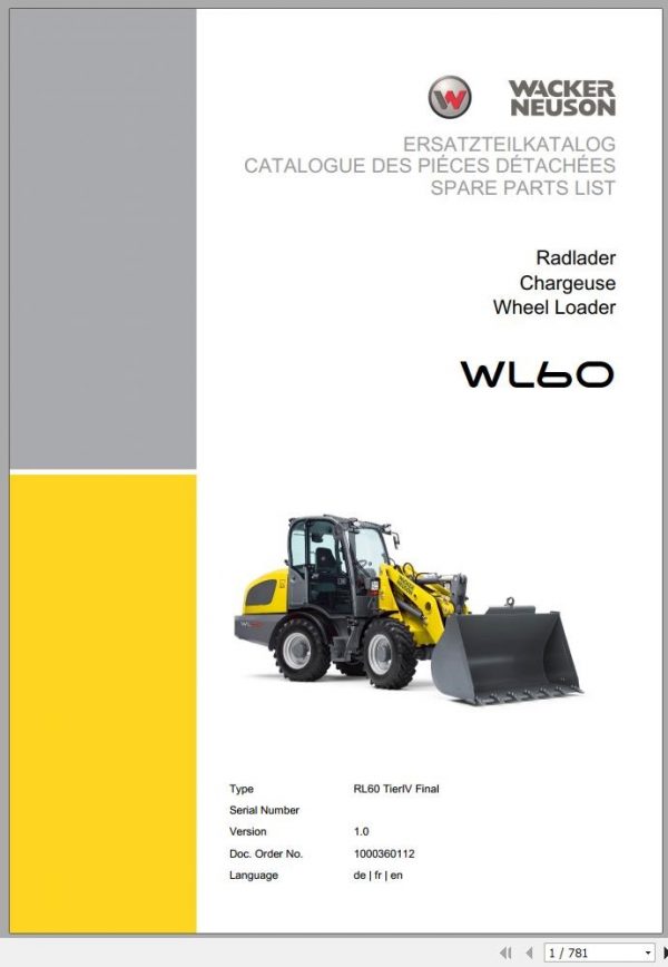 Wacker Neuson Wheel Loaders WL60 Operators Service Parts Manual 1000348349 EN FR DE 1