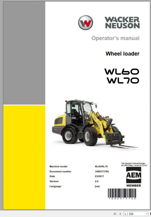 Wacker Neuson Wheel Loaders WL60 Operators Service Parts Manual 1000348349 EN FR DE 2