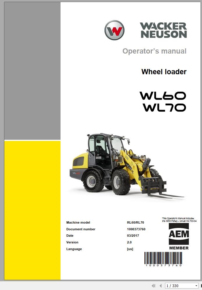 Wacker Neuson Wheel Loaders WL60 Operators Service Parts Manual 1000348349 EN FR DE 2
