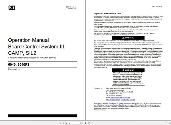 CAT 6040 FS Hydraulic Shovel Board Control System IIICAMPSIL2 Operation Manual 3847014.00 1