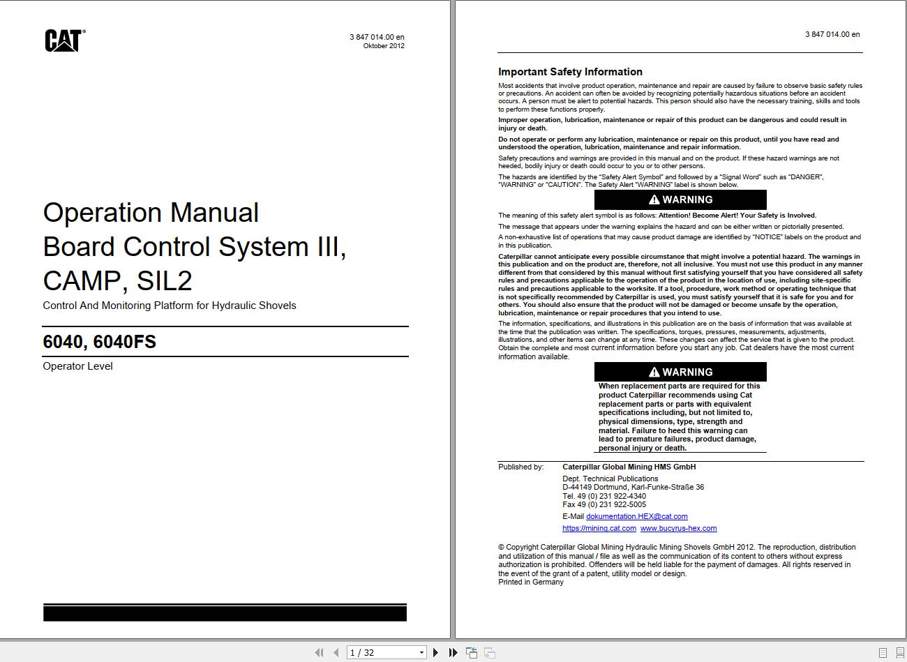 CAT 6040 FS Hydraulic Shovel Board Control System IIICAMPSIL2 Operation Manual 3847014.00 1