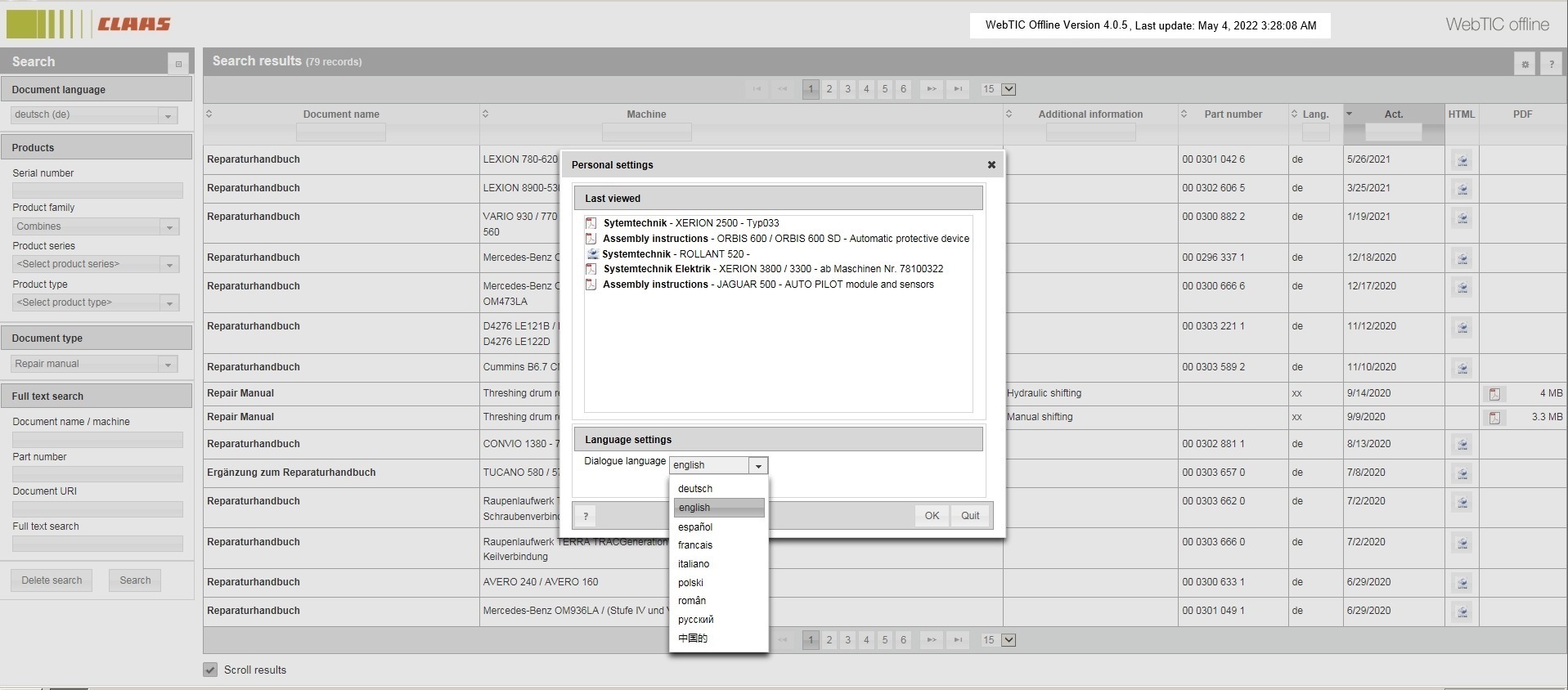 CLAAS WebTIC Offline DE German 05.2022 Operator Manual Repair Manual Service Documentation DVD 3