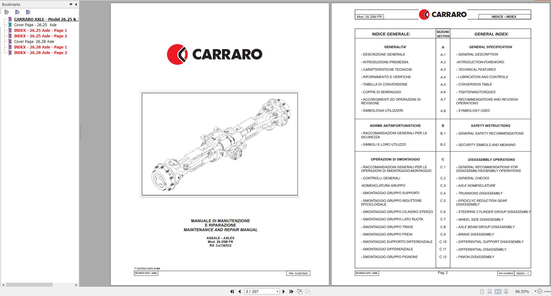 Carraro Axle 26.25 26.28 Maintenance Repair Manual 908483