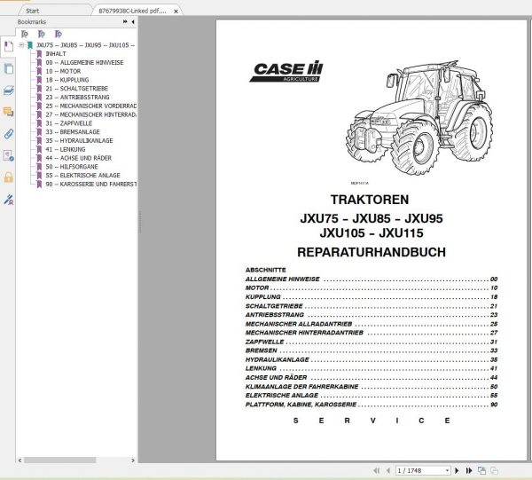 Case IH Tractors JXU75 JXU85 JXU105 JXU115 Service Manual 87679938C German 1