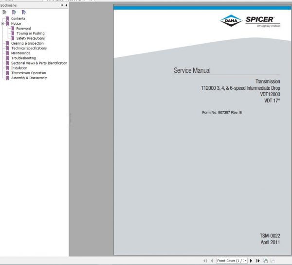 Dana Spicer T12000 3 4 6 speed Intermediate Drop VDT12000 Transmission Service Manual 907397 b 1
