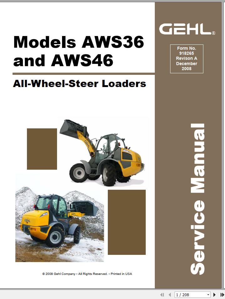 Gehl All Wheel Steer Loader AWS36 AWS46 Service Manual 918265A 2008 1