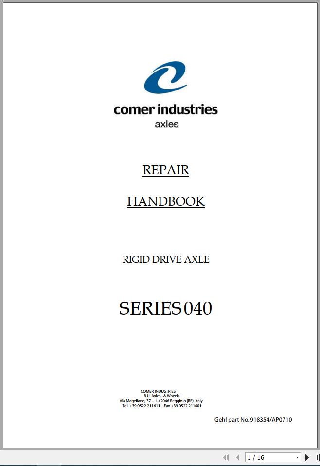 Gehl Comer Series 040 Rigid Drive Axle Repair HandBook 918354 1