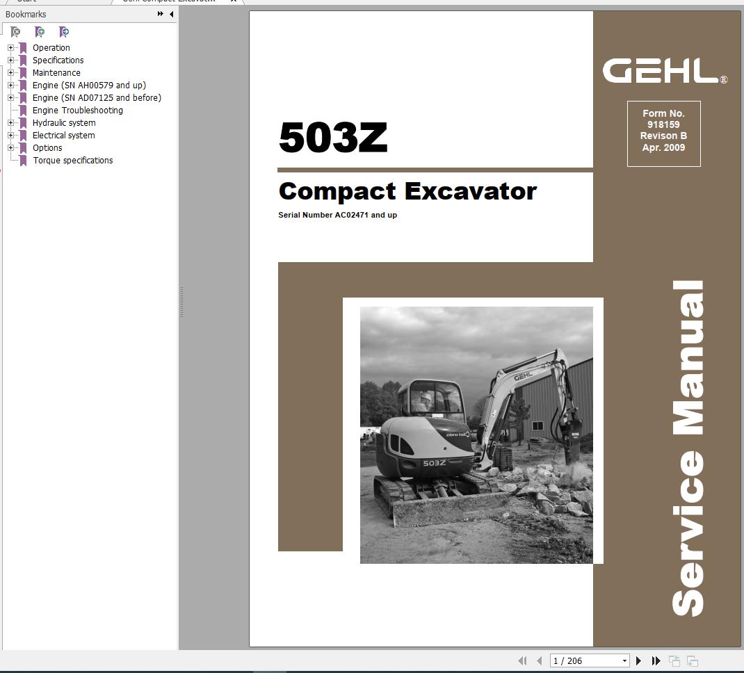 Gehl Compact Excavator 503Z Service Manual 918159 04 1