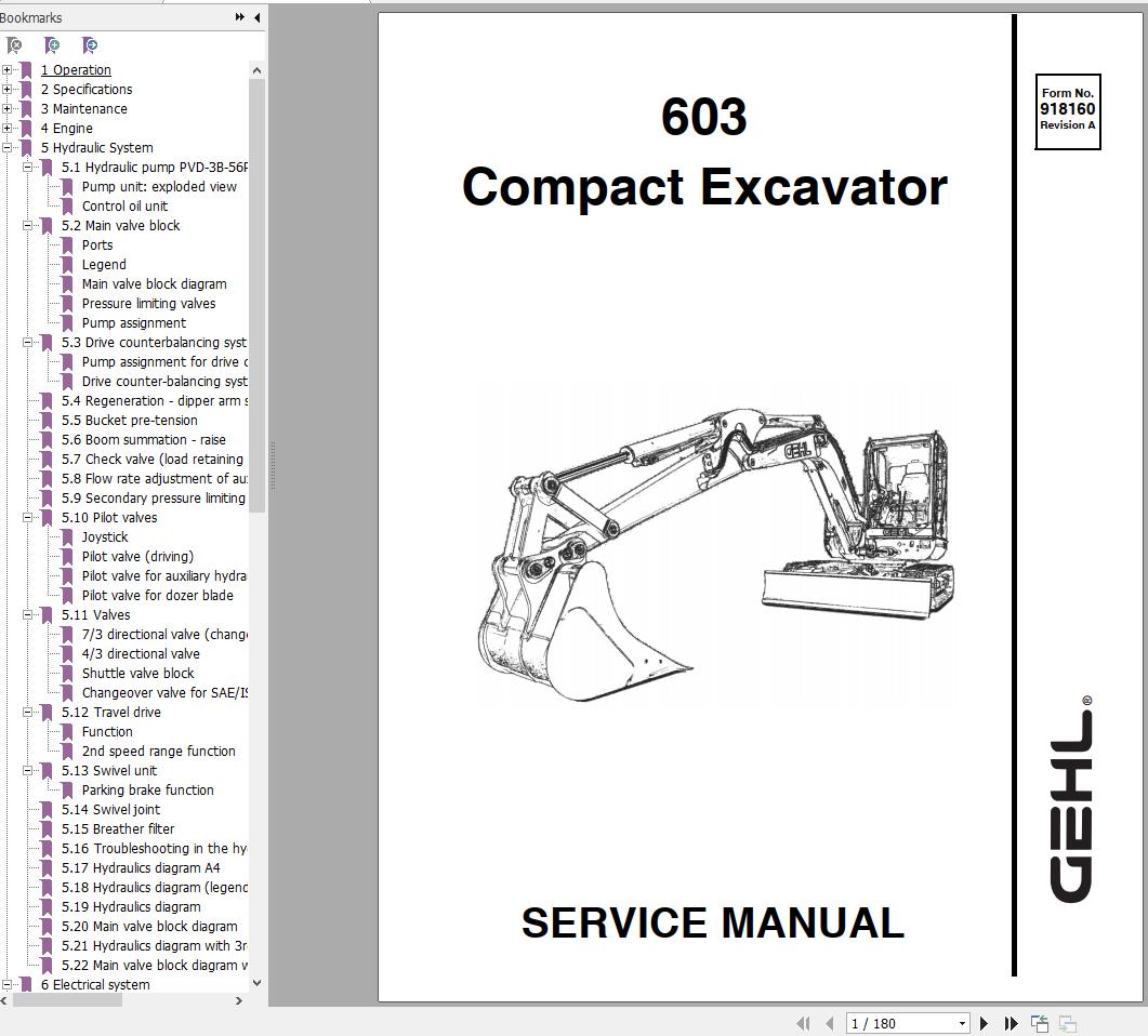 Gehl Compact Excavator 603 Service Manual 918160A 2005 1