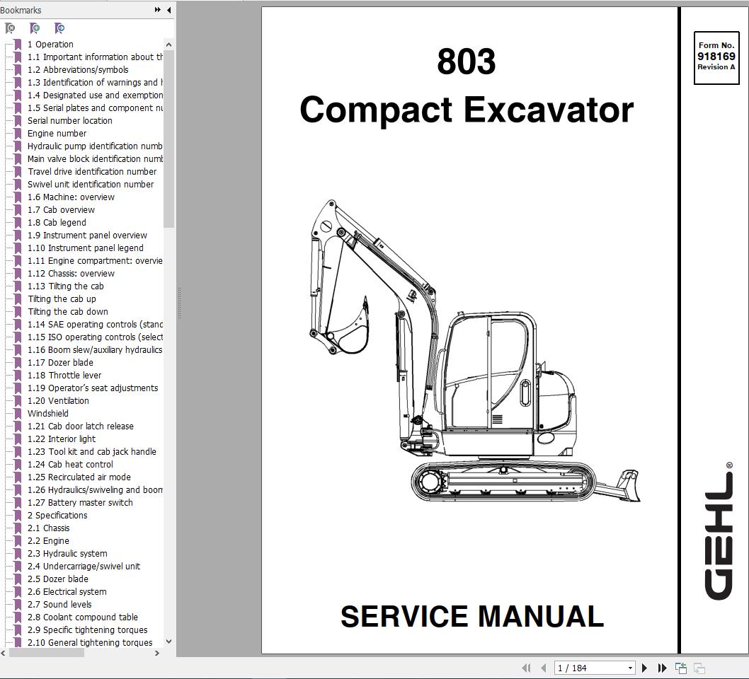 Gehl Compact Excavator 803 Service Manual 918169 2005 1