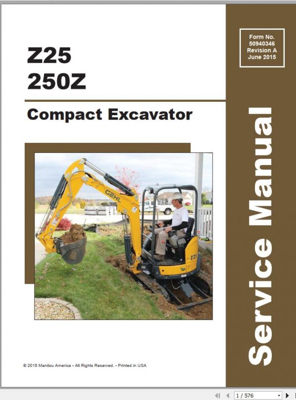 Gehl Compact Excavator Z25 250Z Service Manual 50940346 06 1