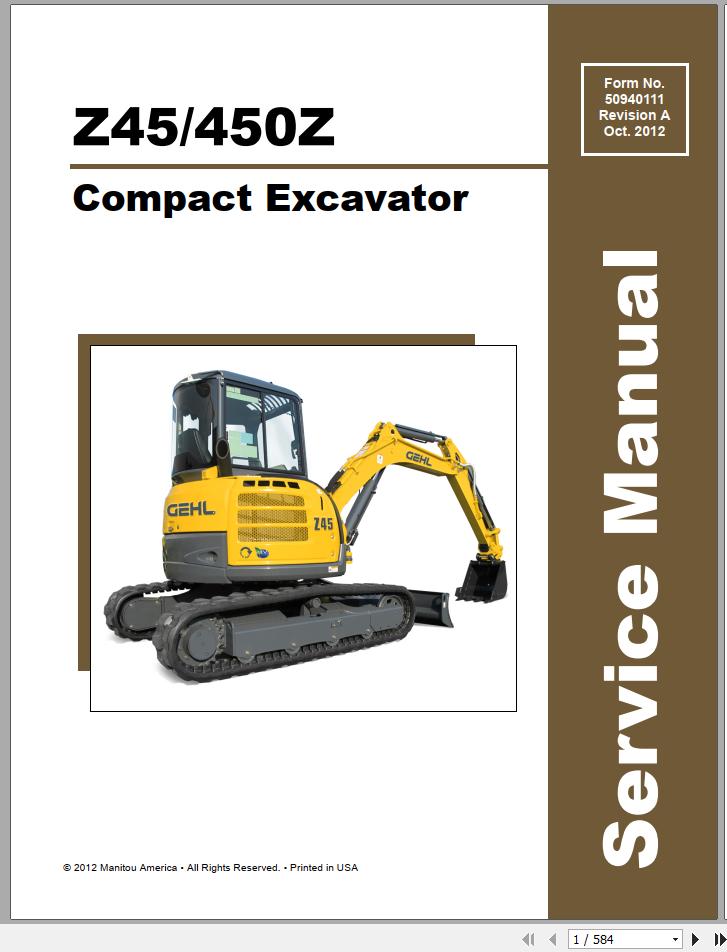 Gehl Compact Excavator Z45 450Z Service Manual 50940111 10 1