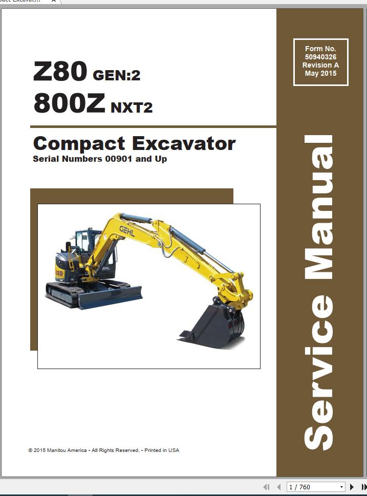 Gehl Compact Excavator Z80 GEN2 800Z NXT2 Service Manual 50940326 05 1