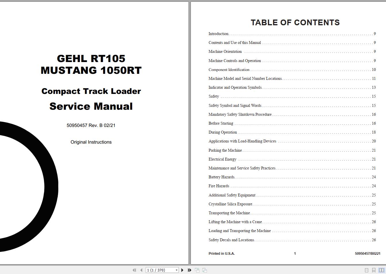 Gehl Compact Track Loader RT105 Mustang 1050RT Service Manual 50950457 02 1
