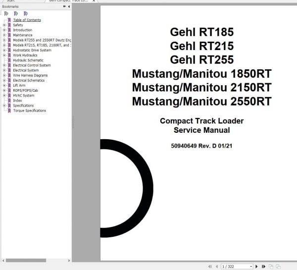 Gehl Compact Track Loaders RT185 RT215 RT255 Service Manual 50940649 01 1