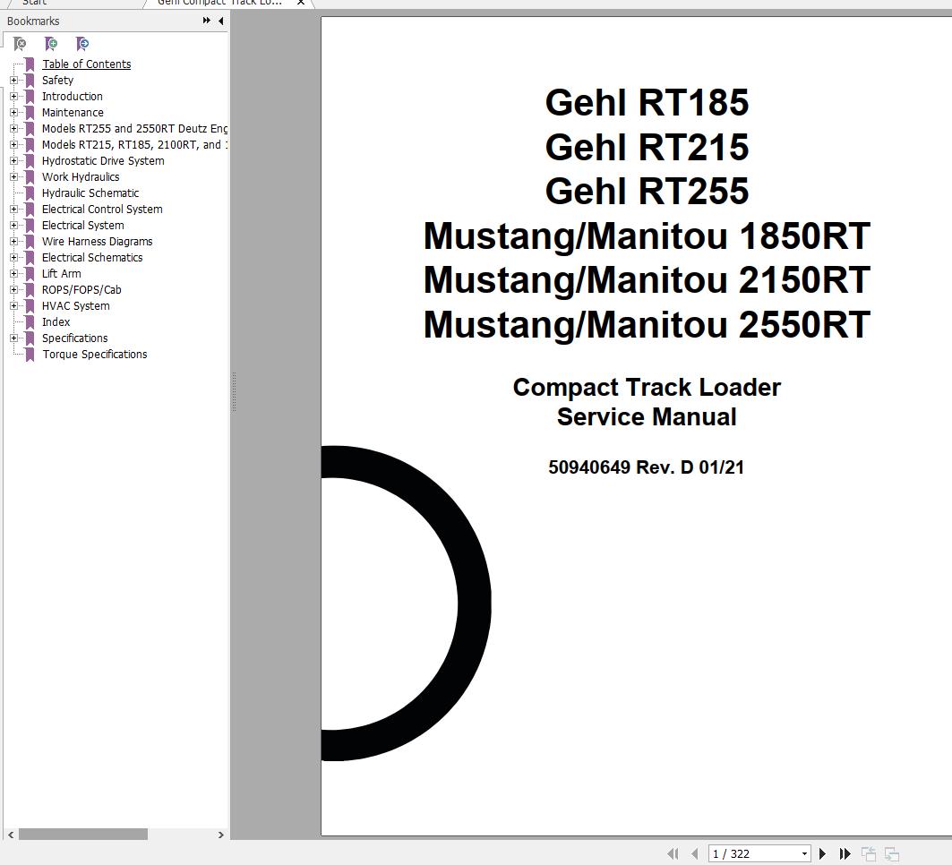 Gehl Compact Track Loaders RT185 RT215 RT255 Service Manual 50940649 01 1
