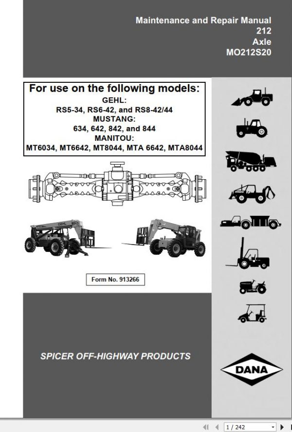 Gehl RS5 34 RS6 42 RS8 4244 Dana 212 Axle MO212S20 Maintenance Repair Manual 913266 1