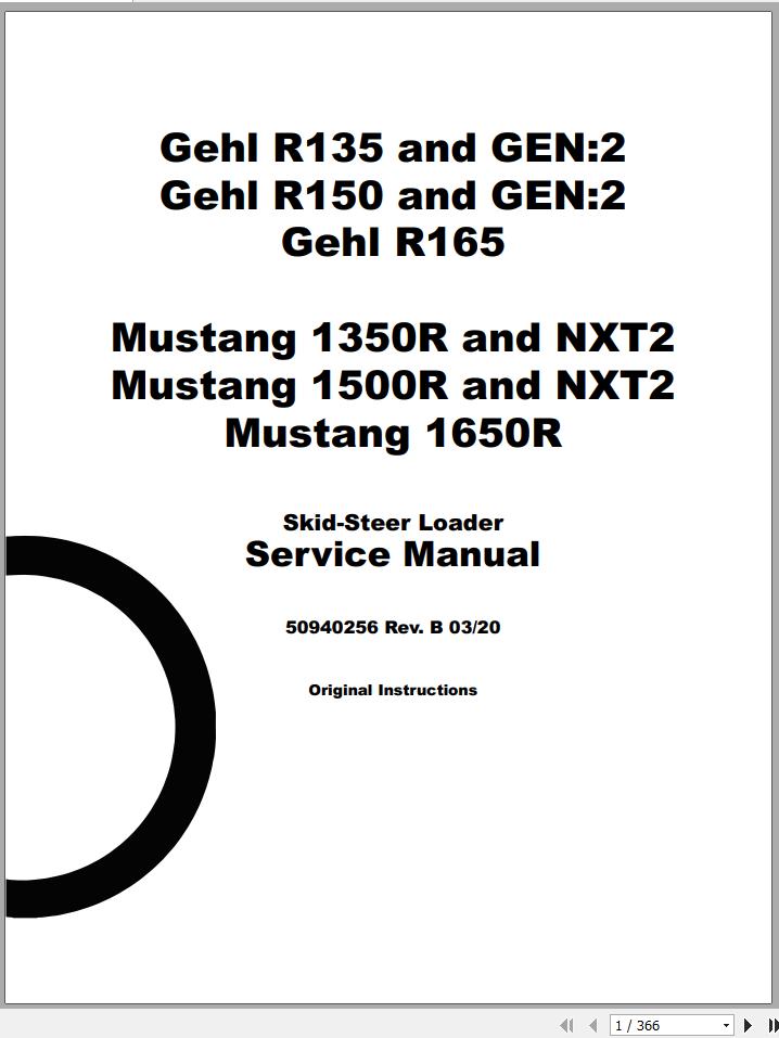 Gehl Skid Steer Loader R135 R150 R165 1350R 1500R 1650R NXT2 Service Manual 50940256 2020 1