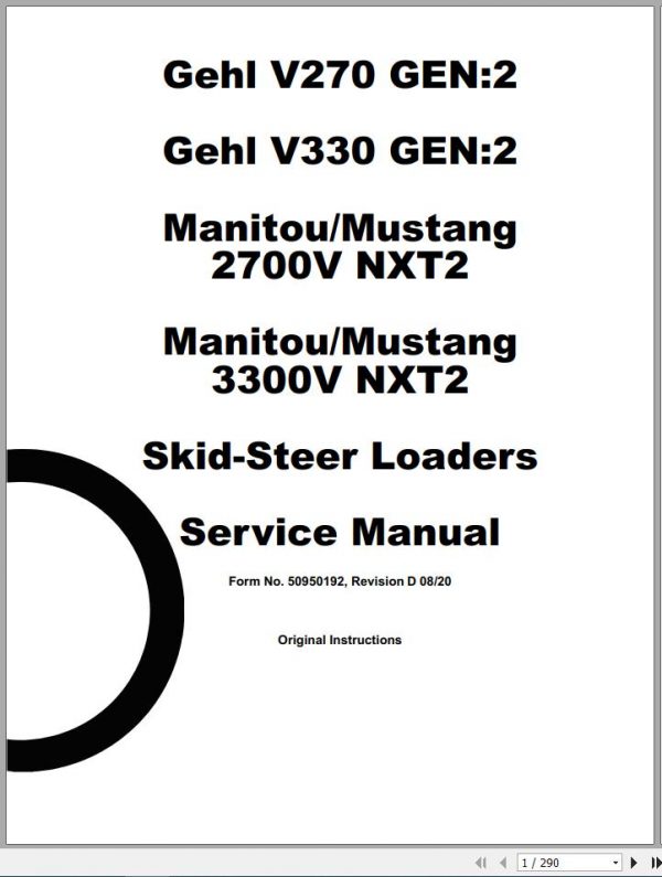 Gehl Skid Steer Loader V270 Gen2 V330 Gen2 2700V 3300V NXT2 Service Manual 50950192 2020 1