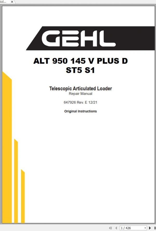 Gehl Telescopic Articulated Loader ALT 950 145 V PLUS D ST5 S1 Repair Manual 647926EN 12 1