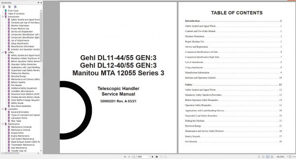 Gehl Telescopic Handler DL11 44 55 GEN3 DL12 40 55 GEN3 MTA 12055 Series 3 Service Manual 50960201 03 1