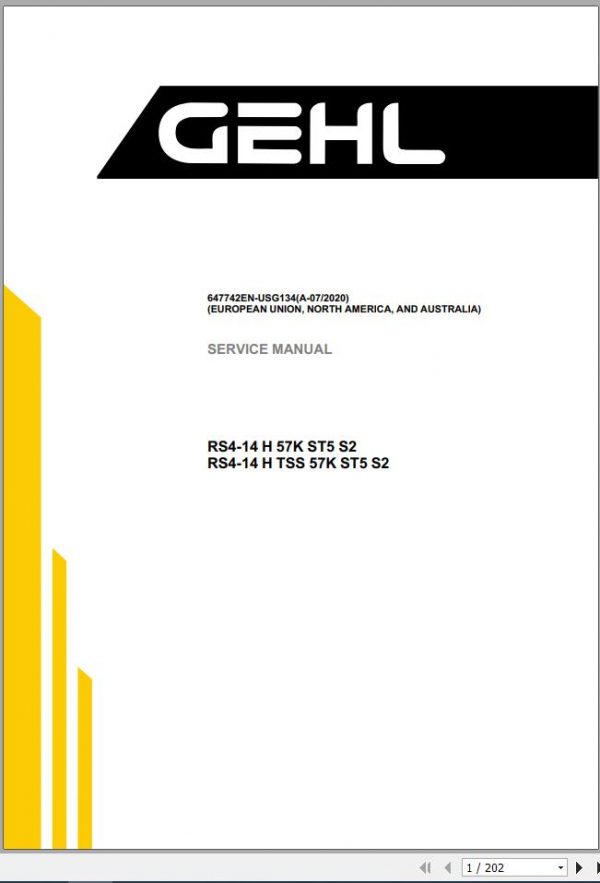 Gehl Telescopic Handler RS4 14 H 57K ST5 S2 RS4 14 H TSS 57K ST5 S2 Service Manual 647742 07 1