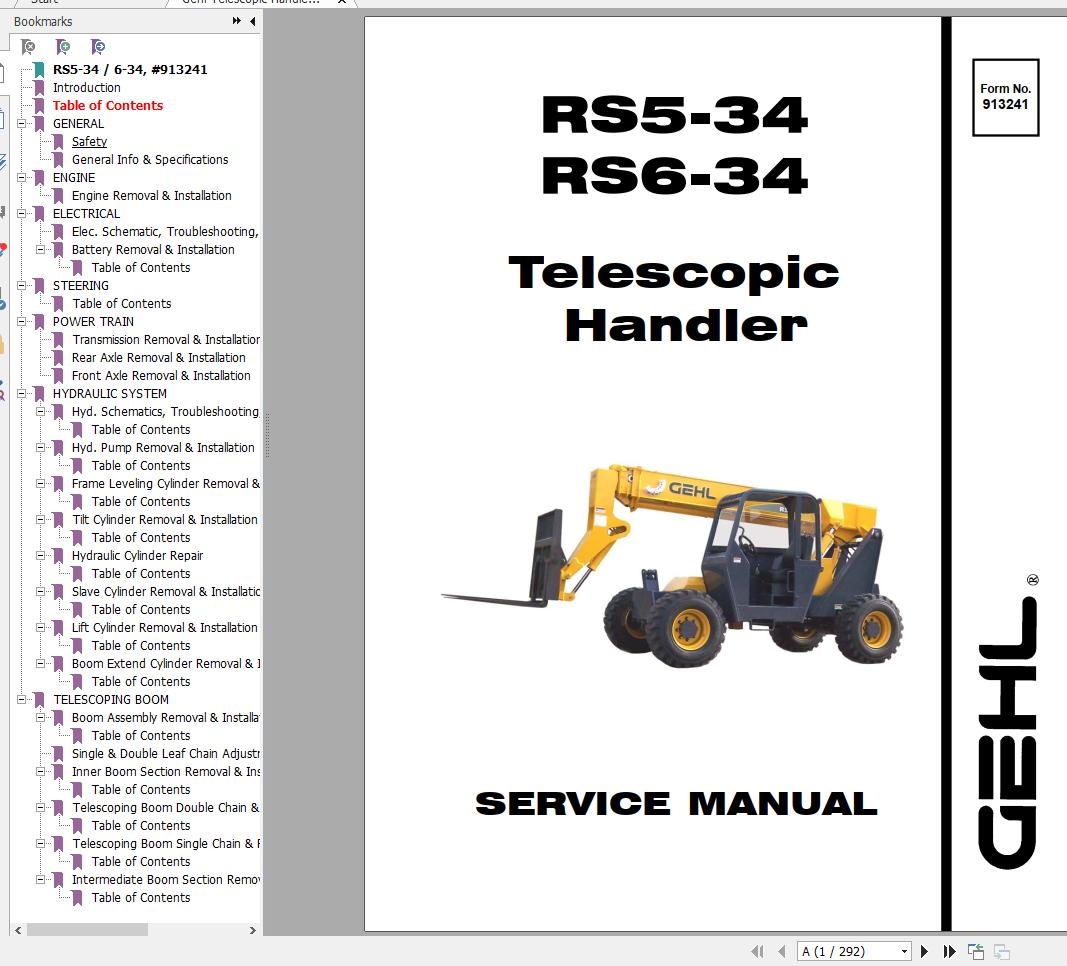 Gehl Telescopic Handler RS5 34 RS6 34 Service Manual 913241 2005 1