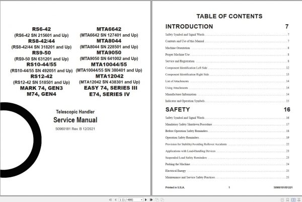 Gehl Telescopic Handler RS6 42 RS8 42 44 RS10 44 45 RS12 42 Service Manual 50960181 12 1