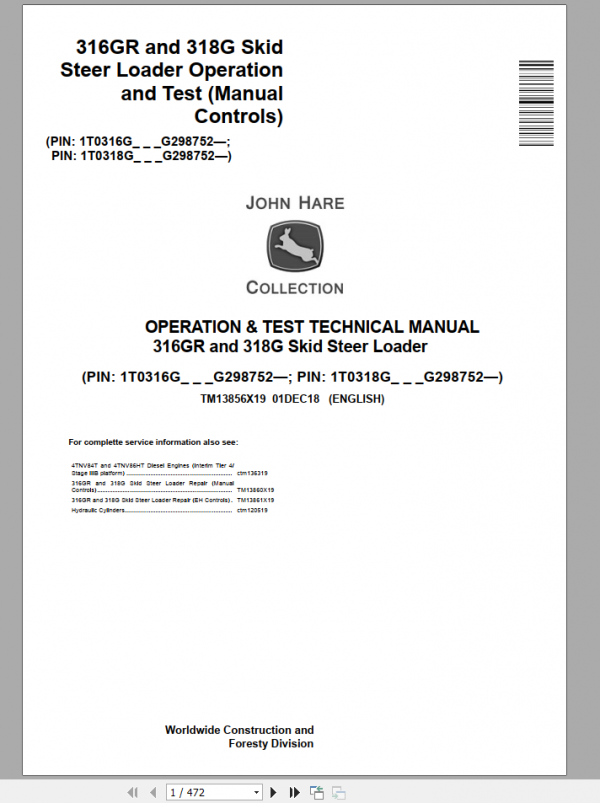 John Deere 316GR 318G Skid Steer Loader Operation Test Technical Service Manual TM13856X19 1