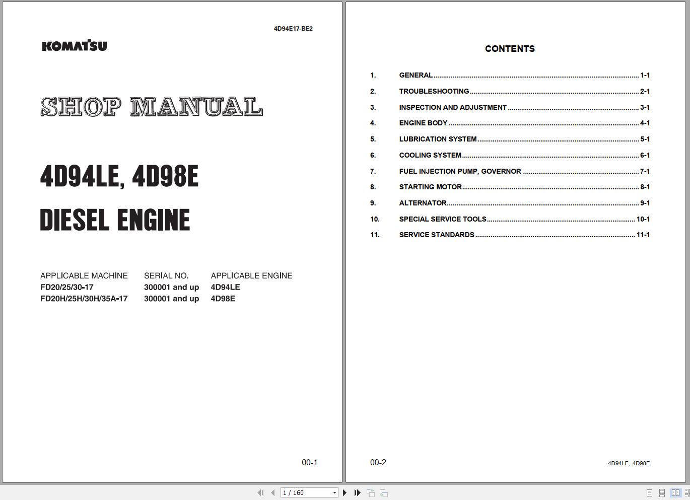 Komatsu Dielsel Engine 4D94LE 4D98E 300001 up Shop Manual 4D94E17 BE2 1