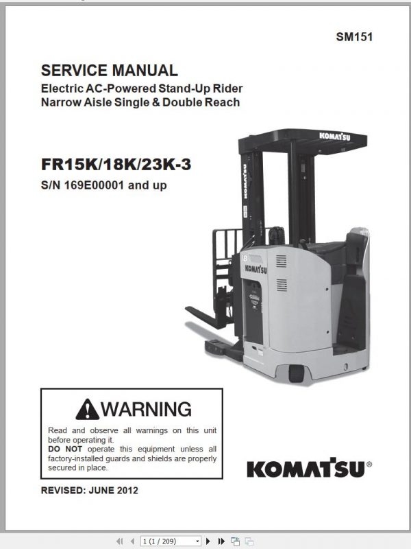 Komatsu Electric Forklift FR15K 3 FR18K 3 FR23K 3 169E00001 up Shop Manual 06.2012 SM151 1