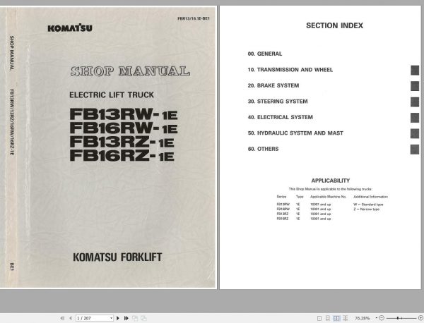 Komatsu Electric Reach Truck FB13RW 1E 10001 up Shop Manual FBR13 16 1