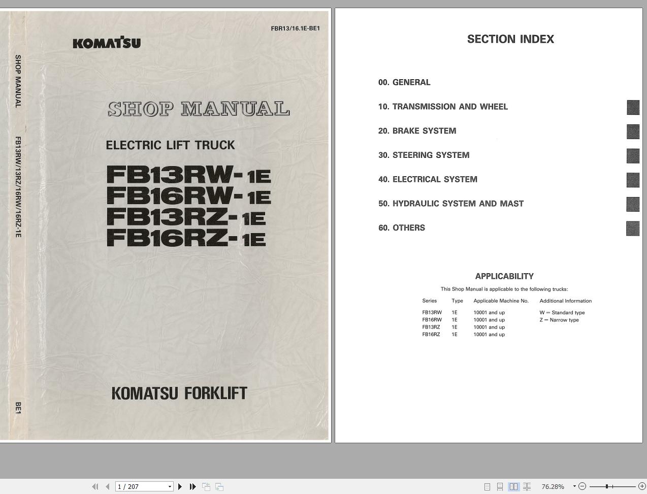 Komatsu Electric Reach Truck FB13RW 1E 10001 up Shop Manual FBR13 16 1