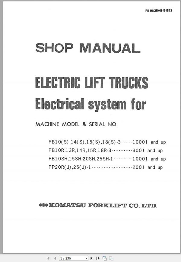 Komatsu Electric Reach Truck FB14 3 10001 up Shop Manual FB10 25AB E BE2 1