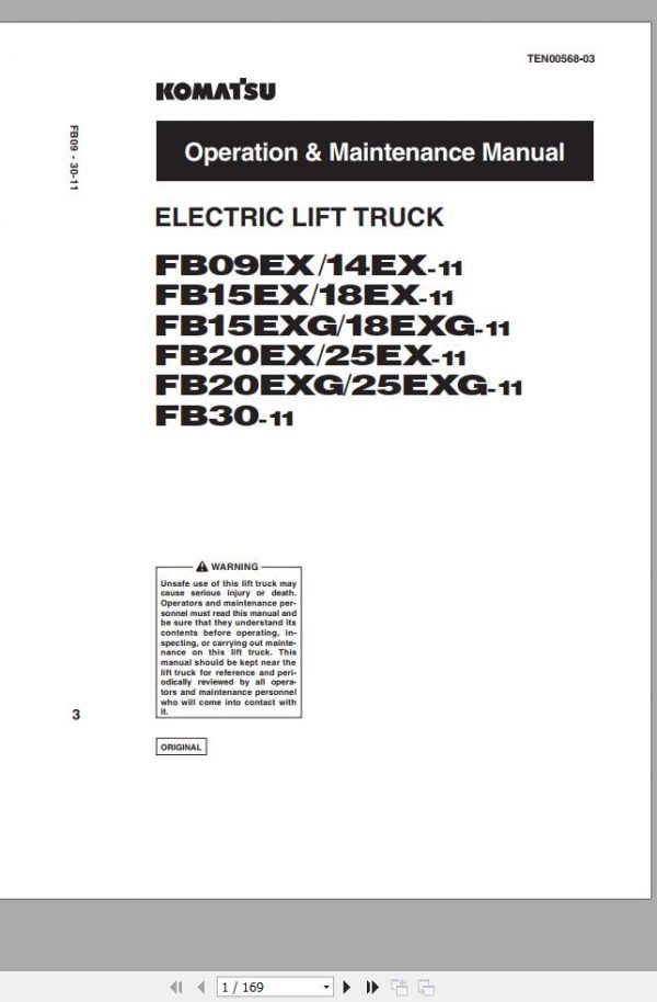 Komatsu Electric Reach Truck FB14EXF 11 M191 807001 up Operation Maintenance Manual TEN00568 03 1