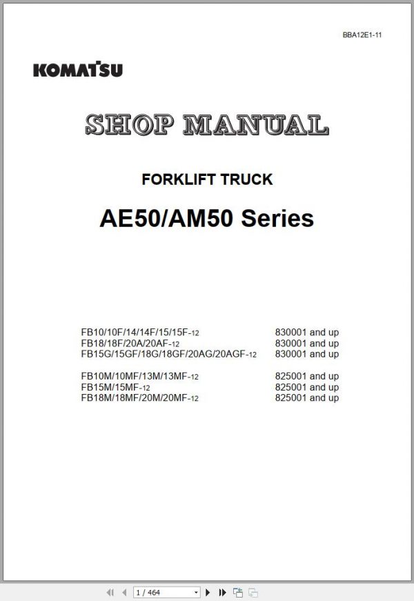 Komatsu Electric Reach Truck FB14F 12 830001 up Shop Manual BBA12E1 11a 1
