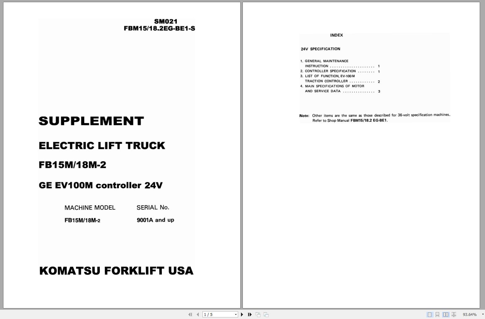 Komatsu Forklift FB15M 2 FB18M 2 GE EV100M Controller 36V 9001A up Service Manual SM021 1