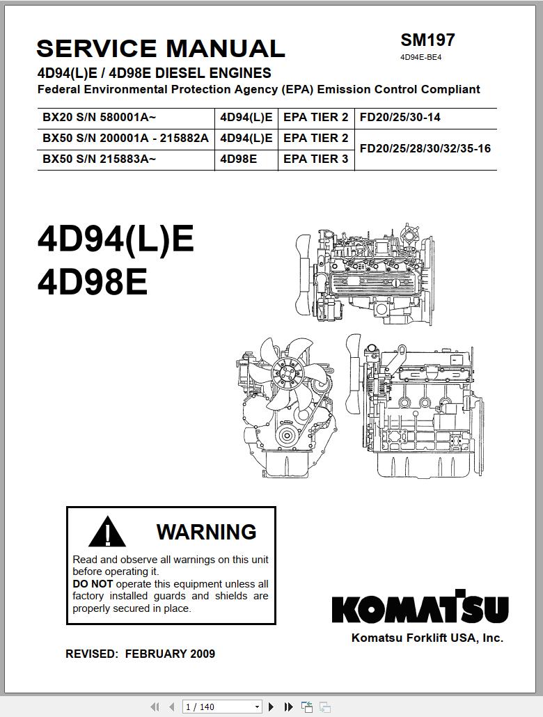 Komatsu Forklift Truck BX20 BX50 Series 4D94E 4D94LE 4D98E Diesel Engine Service Manual 02 2009 SM197 1